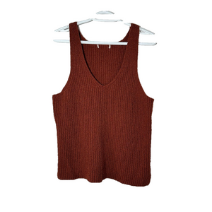 Boucle Brown Sweater Tank Highline Stretch V Neck Slit Medium 34 Chest Boho Chic
